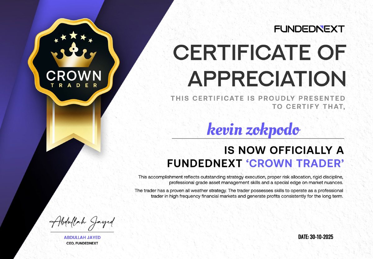 FundedNext Crown Trader certificate of appreciation